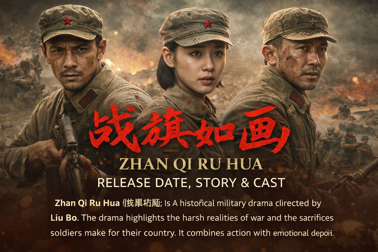 Zhan Qi Ru Hua Chinese war drama poster showing soldiers and emotional wartime scenes