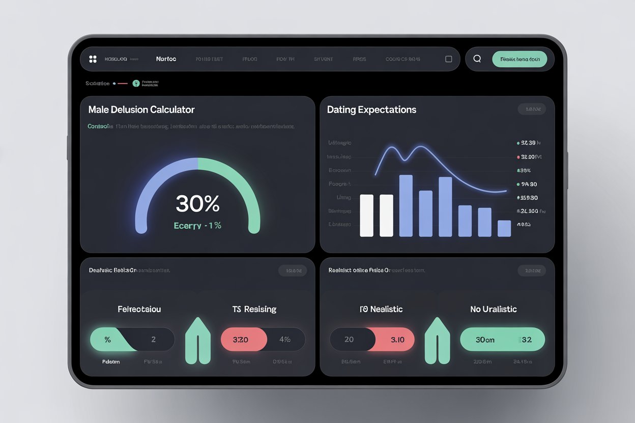 Male Delusion Calculator dashboard showing dating standards score with percentage results and analytics chart