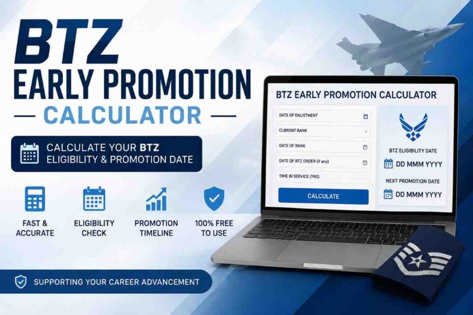 BTZ Early Promotion Calculator feature image showing an Air Force promotion eligibility calculator with rank advancement and BTZ date calculation tools.