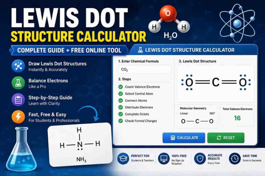 Lewis Dot Structure Calculator showing Lewis structure diagrams, valence electron calculations, molecular geometry, and step-by-step chemistry guidance.