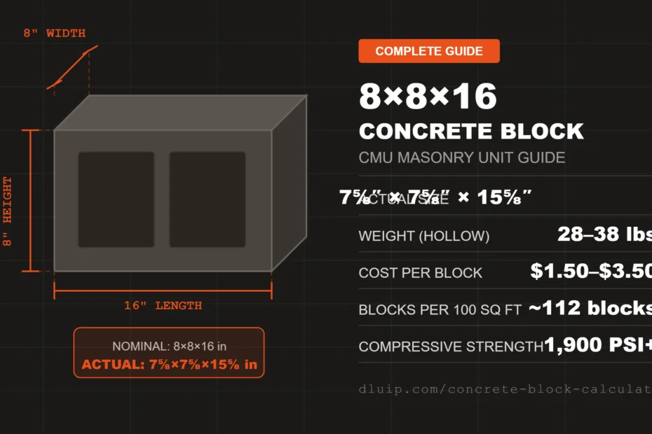 8x8x16 concrete block showing actual dimensions 7 5/8 x 7 5/8 x 15 5/8 inches with weight and cost specs